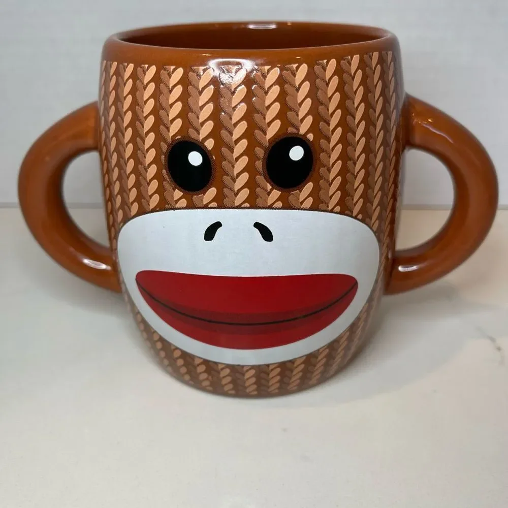 Cutest sock monkey coffee cup mug double handle - Picture 4 of 5